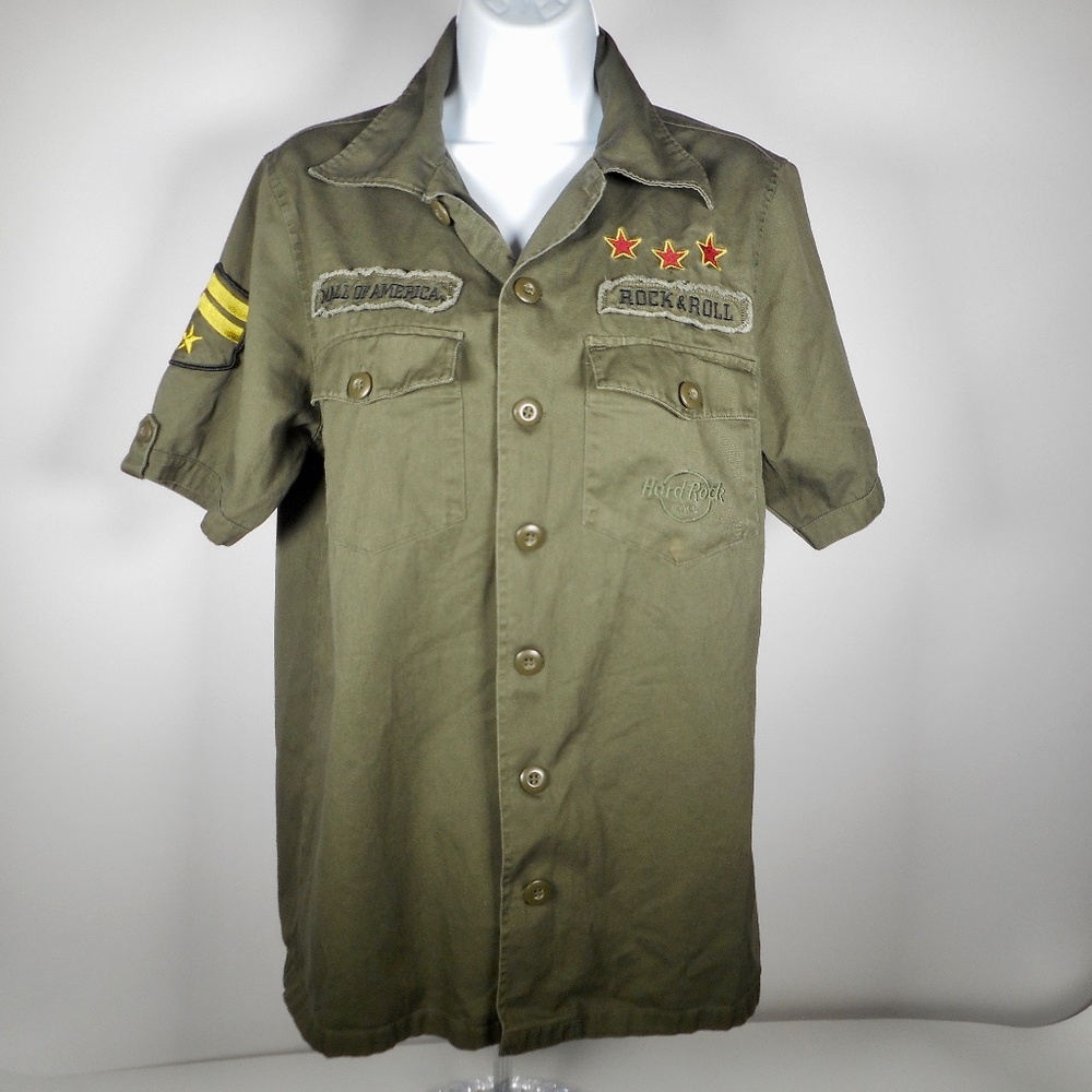 VTG 90s Hard Rock Cafe Army Green S Shirt MN Mall Military Style Stripes Y2K